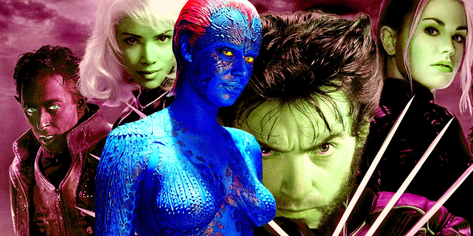 Custom image with rebecca romijn as Mystique in front of the x2 x-men united poster