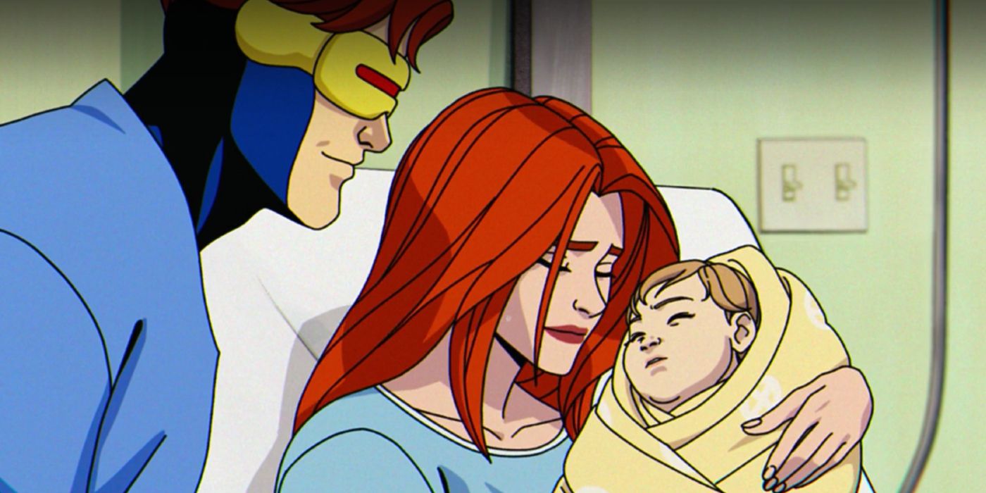 Ciclope e Jean Grey em X-Men '97 segurando Nathan Summers