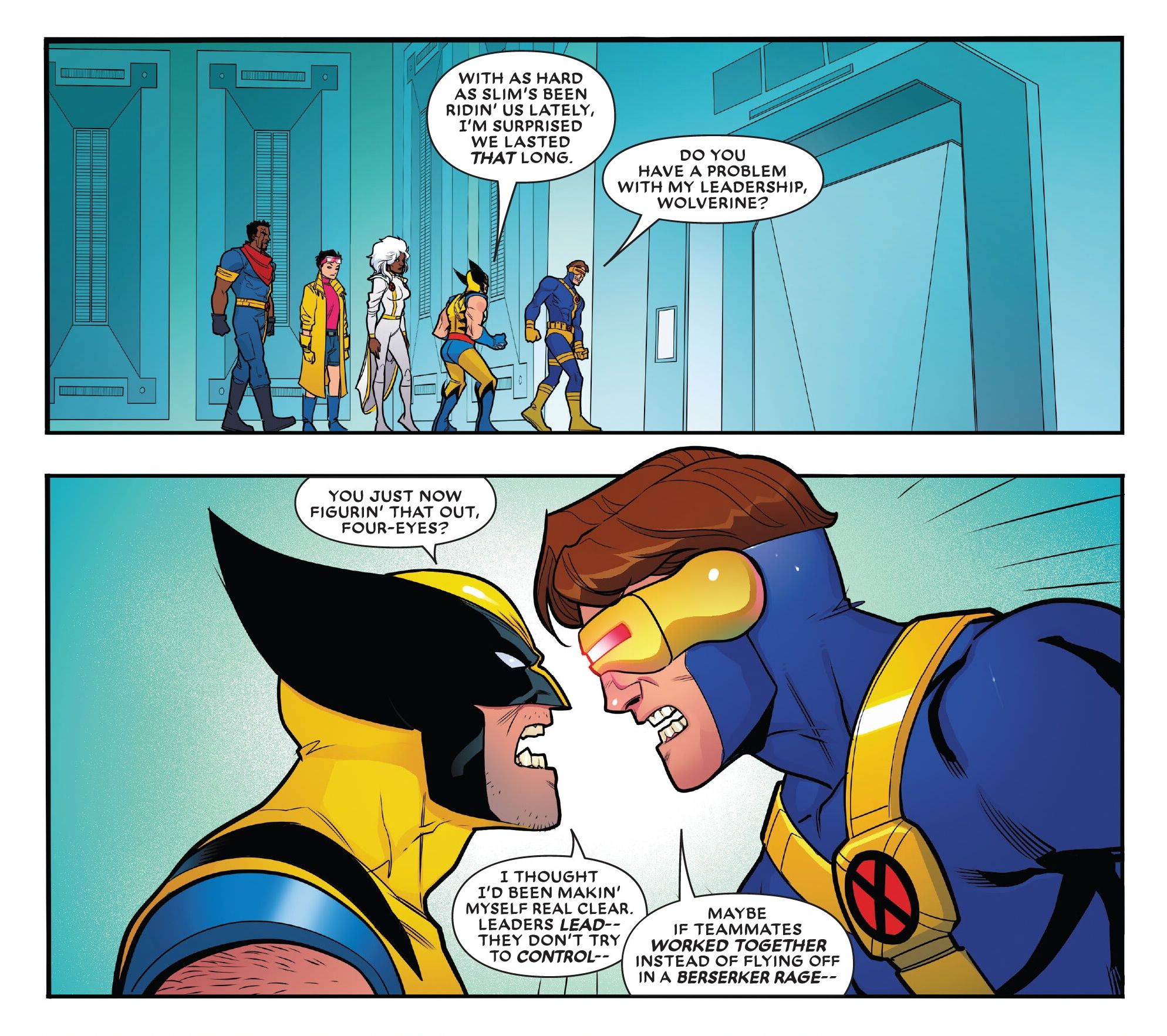 Wolverine e Ciclope se enfrentam enquanto discutem sobre os métodos de treinamento de Scott na Sala de Perigo. 