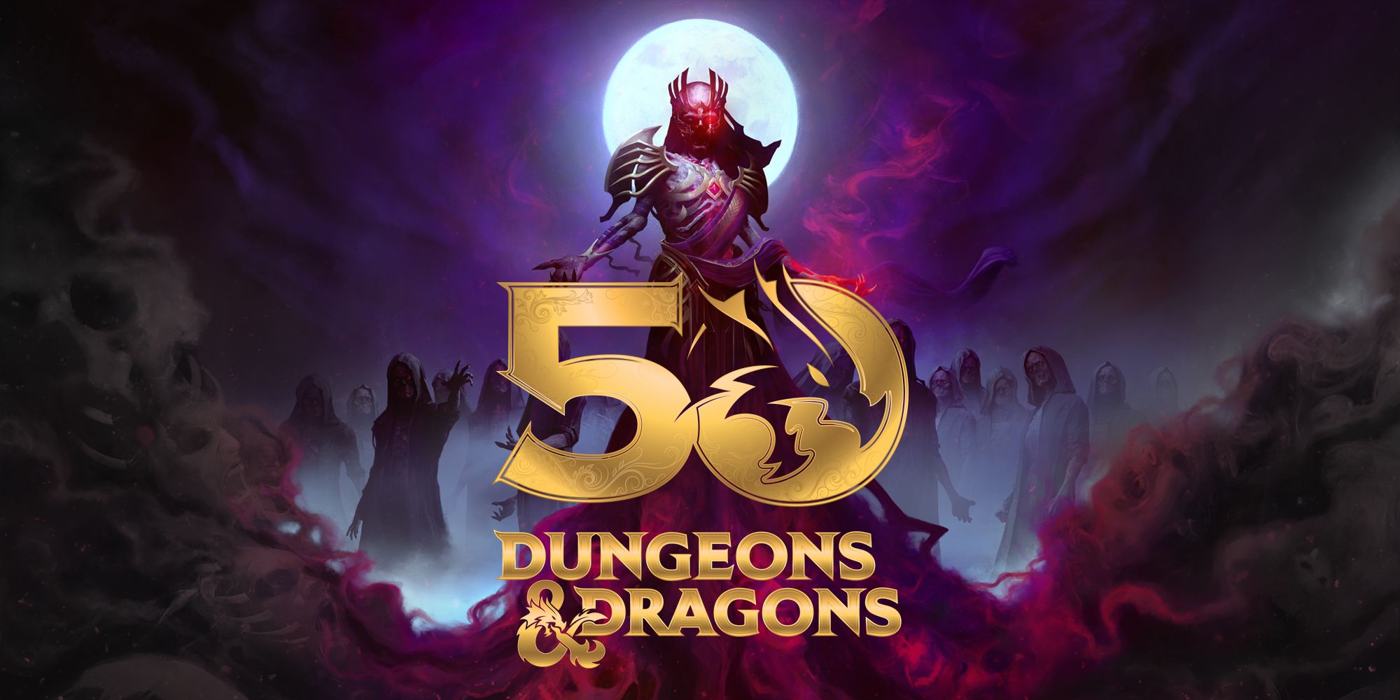 Vecna looming in front of a moon and behind D&D's 50th anniversary logo.