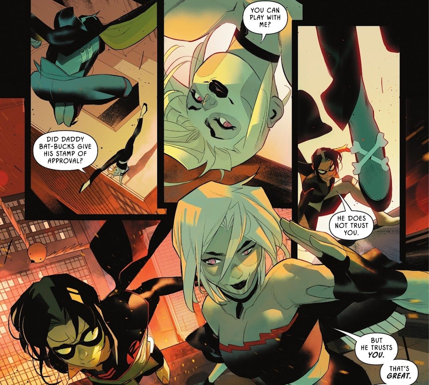 Comic book panels: Damian Wayne and Flatline jumping through Gotham.