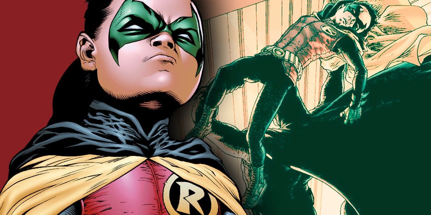 damian wayne's robin looks arrogant, as behind him is an image of batman about to throw him from a skyscraper
