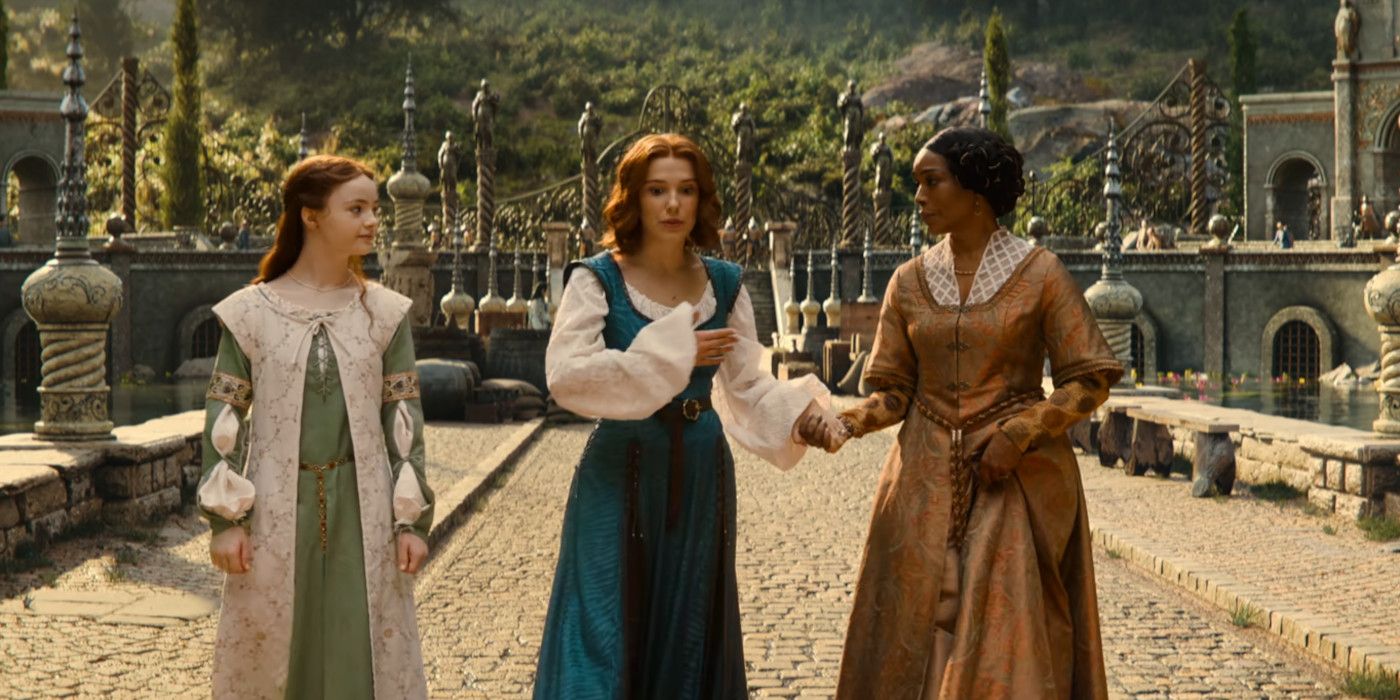 Floria, Elodie, and Lady Bayford walking together in Netflix's Damsel