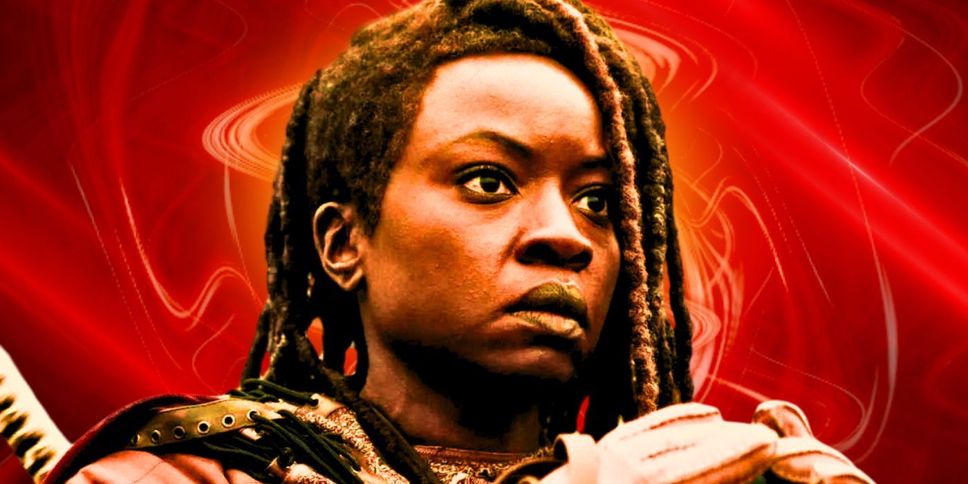 Danai Gurira as Michonne in The Ones Who Live with a red background