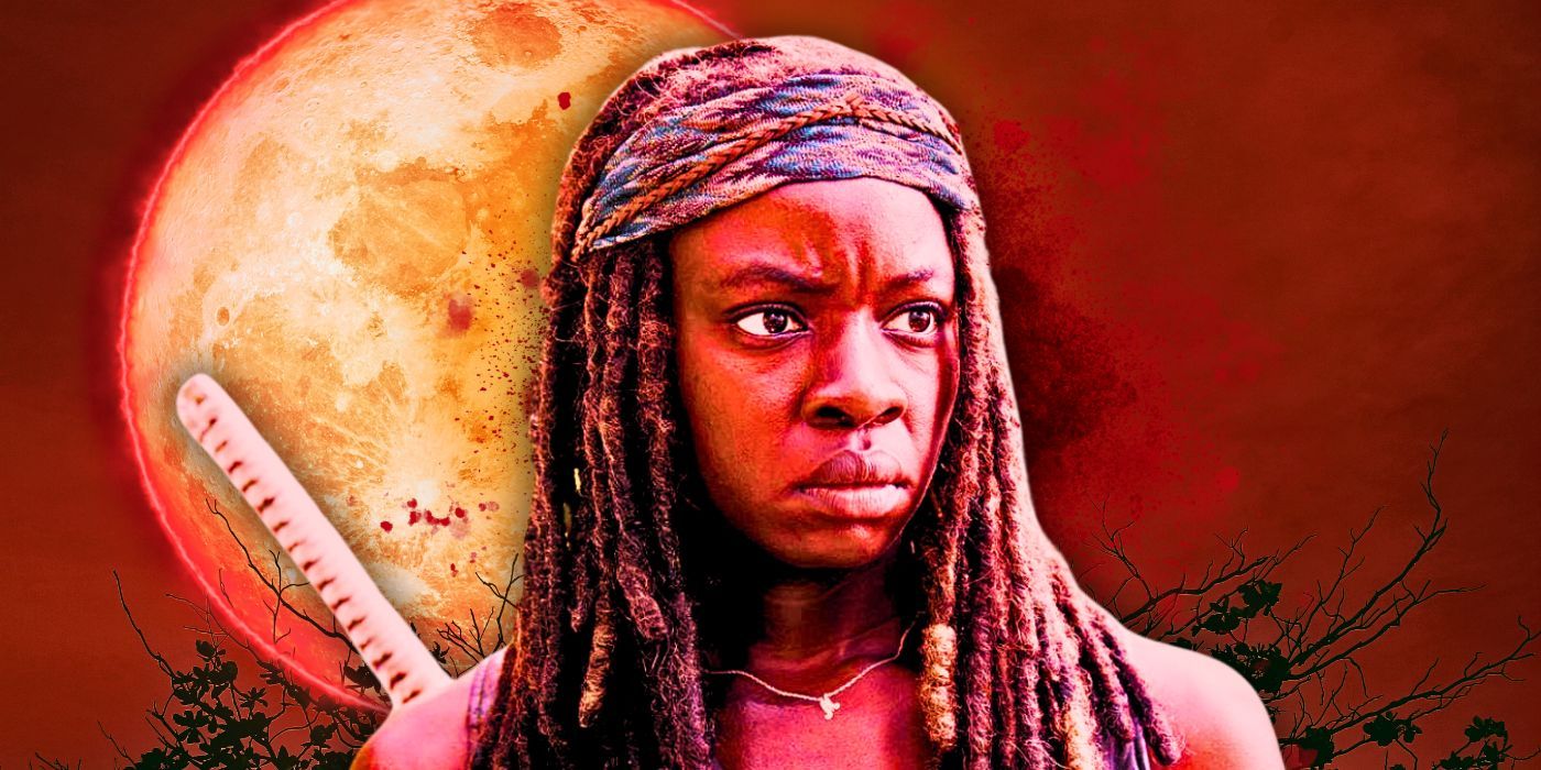Danai Gurira as Michonne in The Walking Dead with a dark background