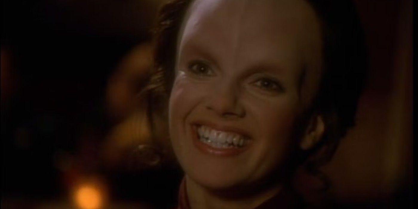 Danara Pel (Susan Diol) smiles in the Star Trek: Voyager episode 