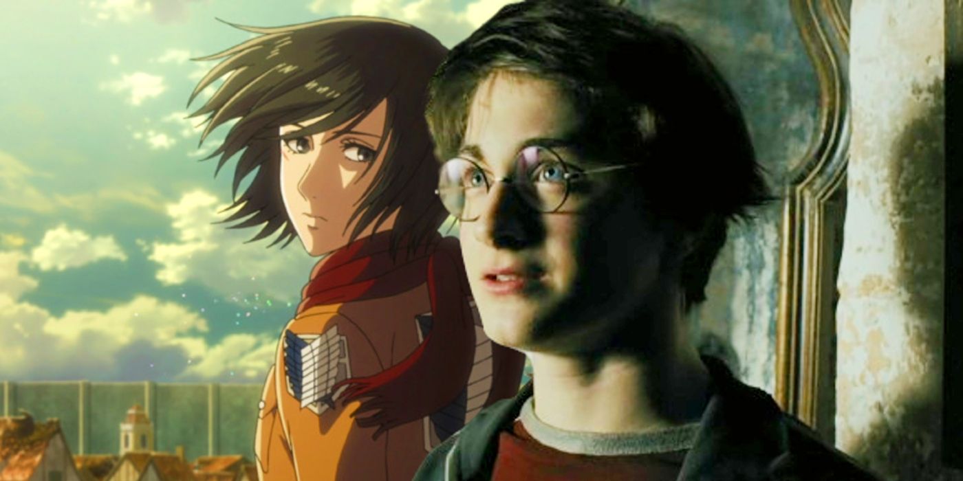 Daniel Radcliffe as Harry in Harry Potter and the Prisoner of Azkaban juxtaposed with a character from Attack on Titan 