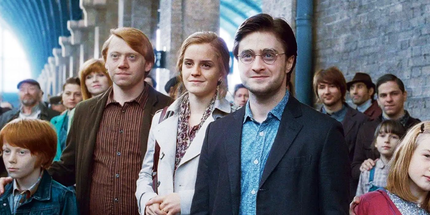 Daniel Radcliffe as Harry, Rupert Grint as Ron, and Emma Watson as Hermione during the Harry Potter and the Deathly Hallows Part 2 ending