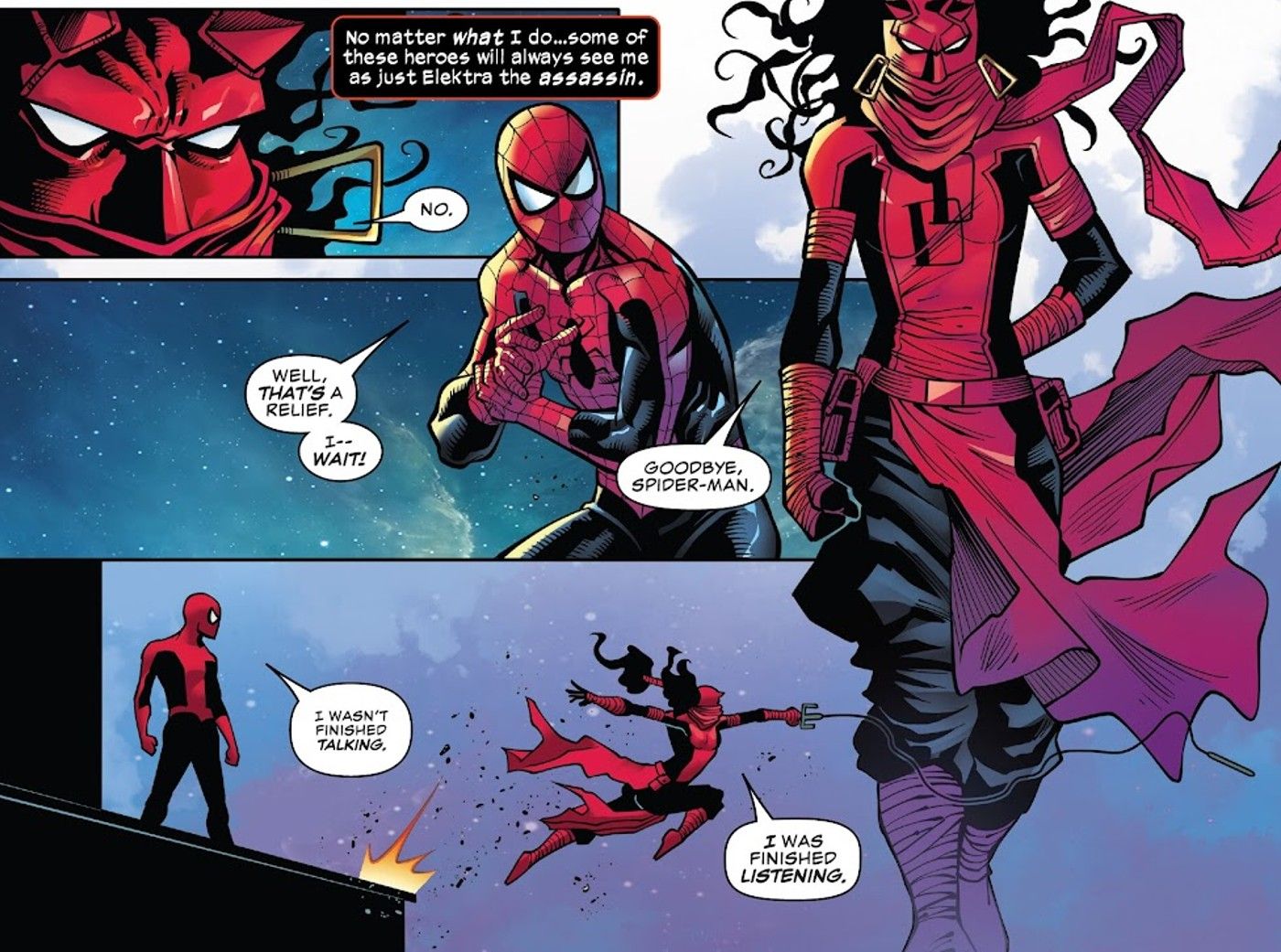 Daredevil Elektra walks away from Spider-Man Peter Parker