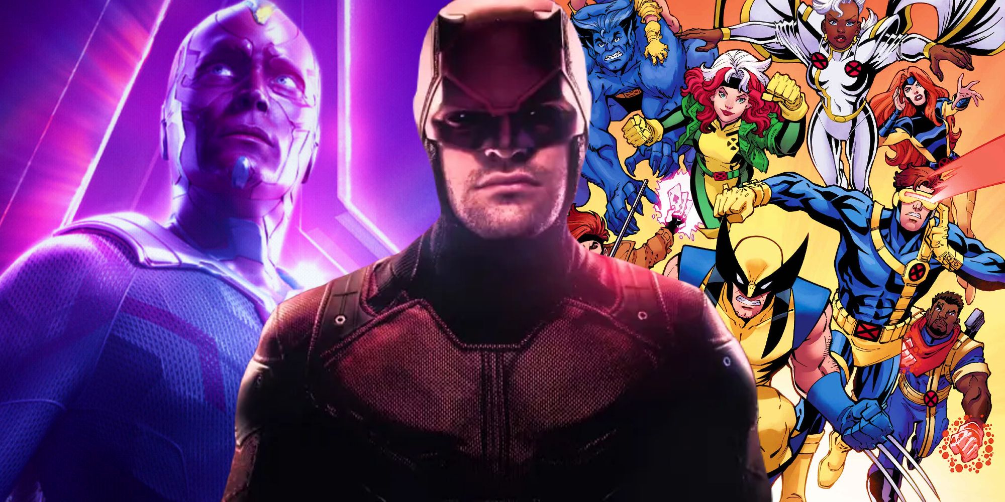 Daredevil smirking between Vision in his Infinity War character poster and the roster for X-Men '97 in the MCU