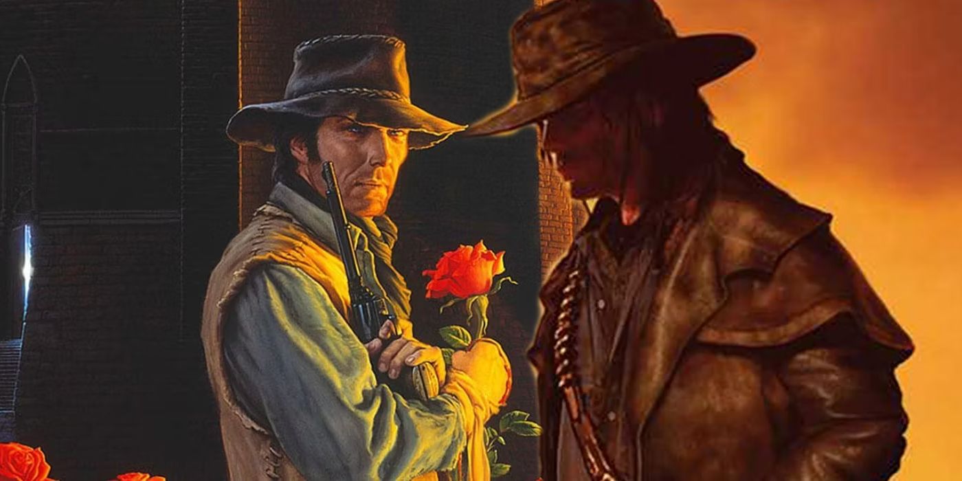 Roland Holding His Revolver and a Rose next to Roland in Shadows in The Dark Tower by Stephen King