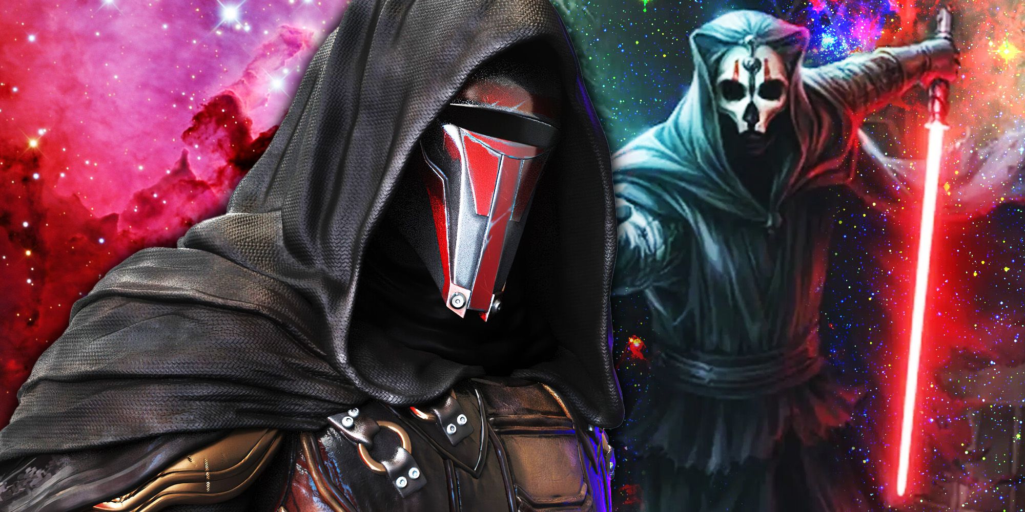 Darth Revan is masked with their hood on in Knights of the Old Republic, edited with Darth Nihilus and his lightsaber