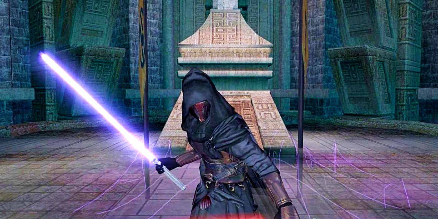 Darth Revan vestido como un Sith y sosteniendo una espada morada en Star Wars: Caballeros de la Antigua República.