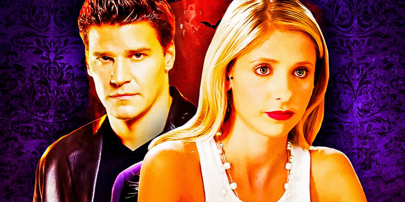 David Boreanaz as Angel in Angel and Sarah Michelle Gellar as Buffy Summers in Buffy the Vampire Slayer.