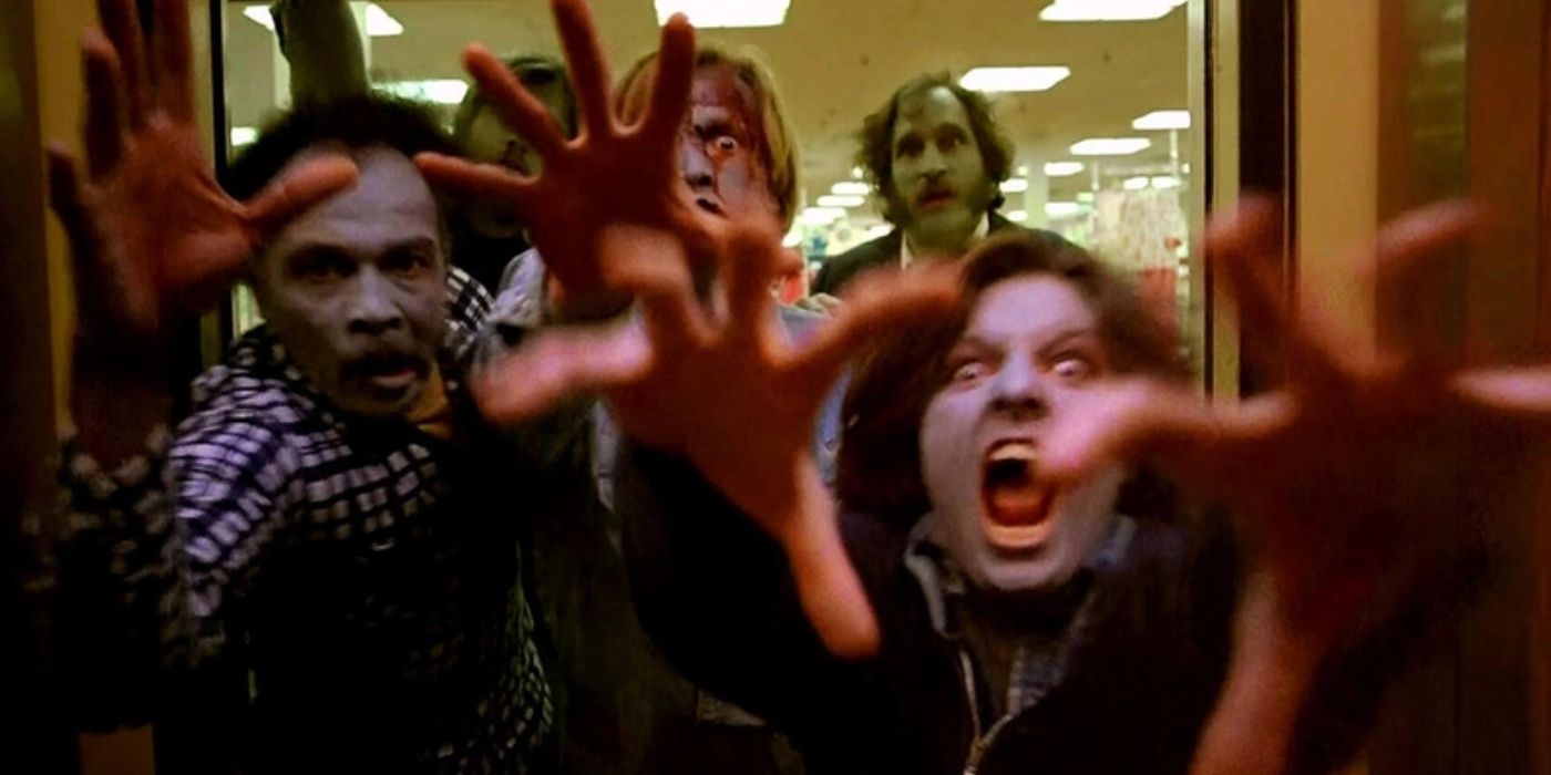 Zombies burst into an elevator and lunge toward the camera in Dawn of the Dead