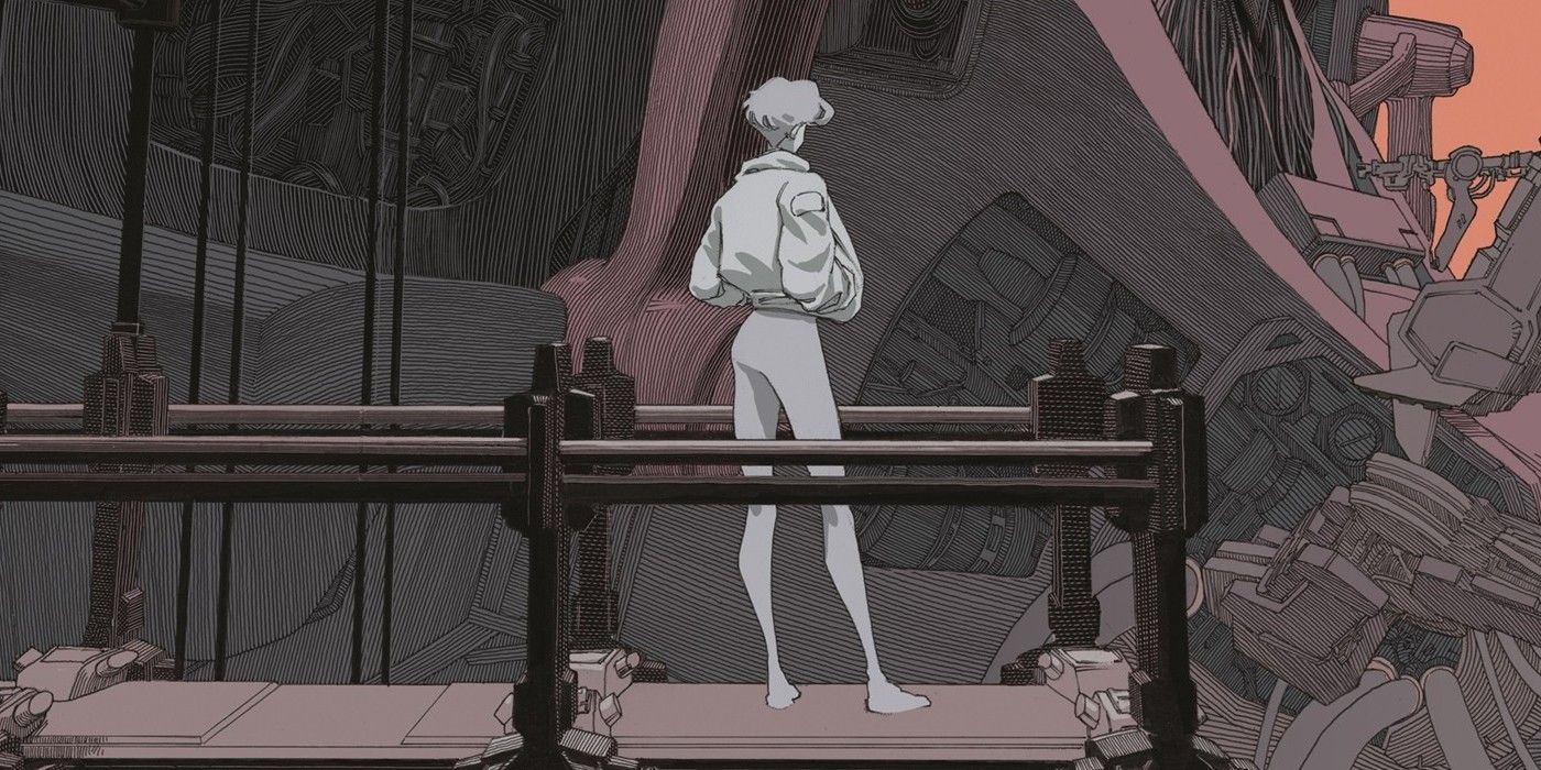 Image from Dark Horse's Dawnrunner #1, showing a young woman watching a mech.