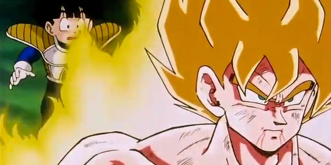 Captura de tela do episódio 100 do anime Dragon Ball Z mostra o garoto Gohan atrás de Super Saiyan Goku.