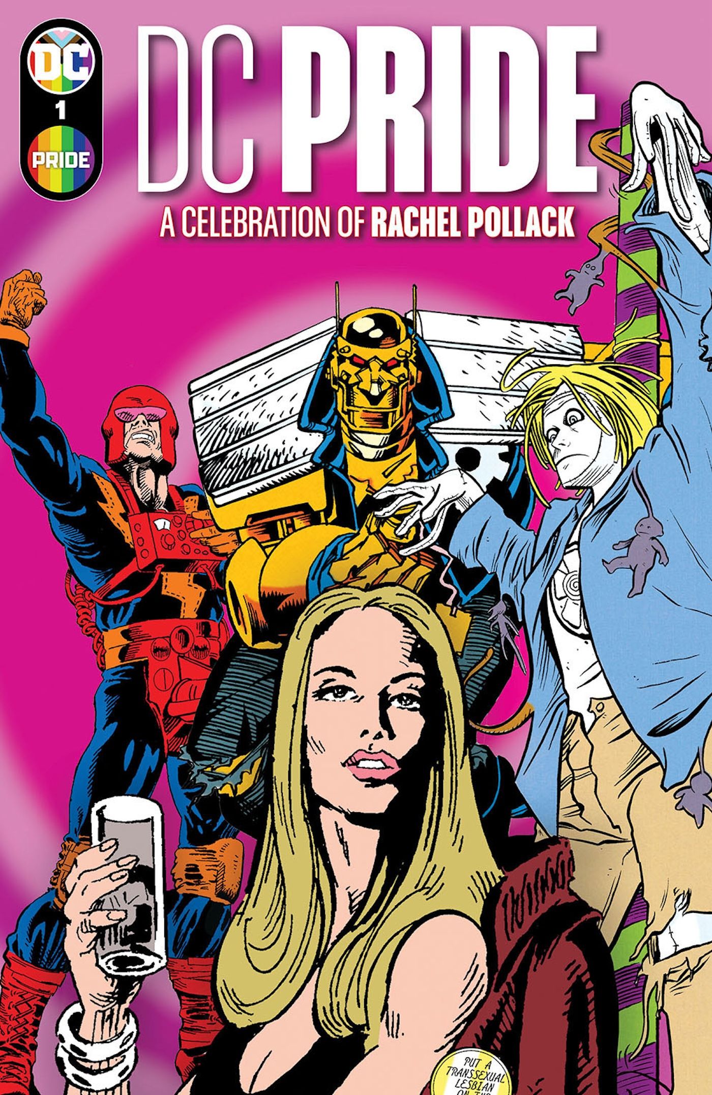 DC Pride A Celebration of Rachel Pollack 1 Main Cover: Doom Patrol superheroes pose together in front of a pink background.