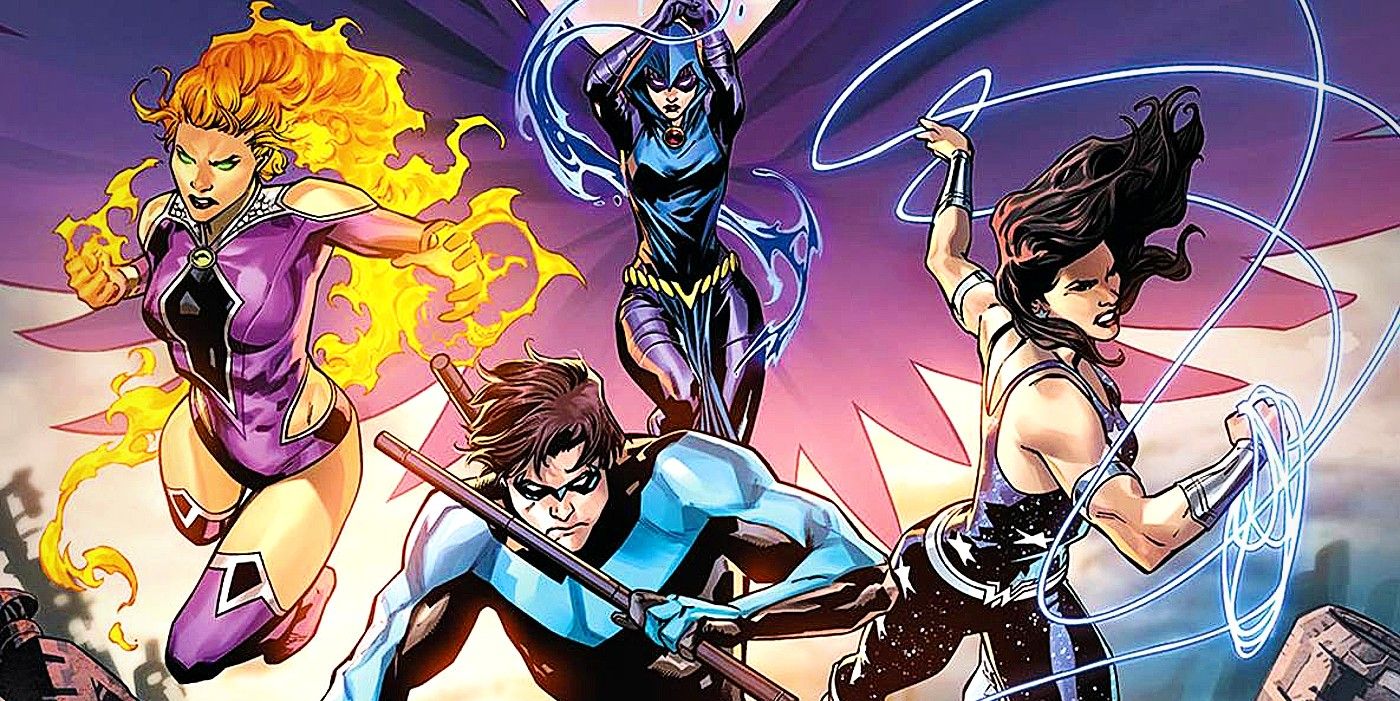 Comic book art: Titans Starfire, Raven, Nightwing, and Donna Troy in battle poses.