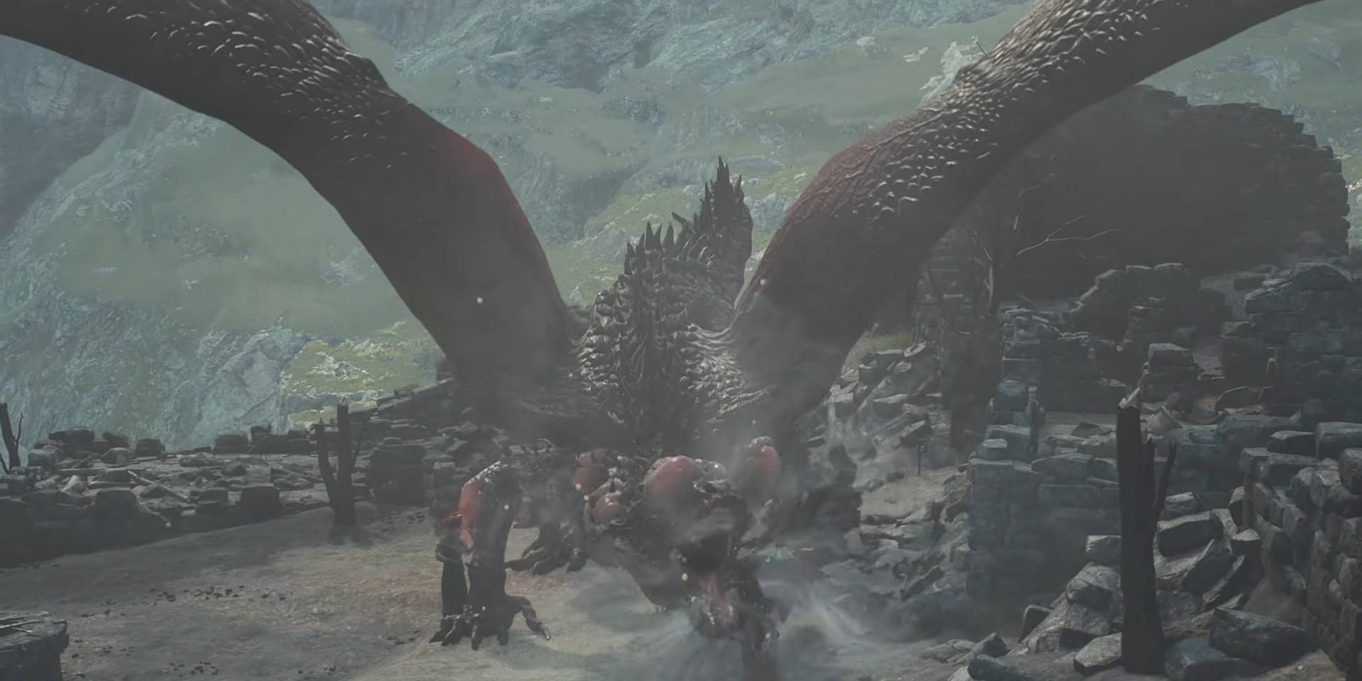Um dragão vermelho menor e atormentado de Dragon's Dogma 2, rugindo em direção aos aldeões.