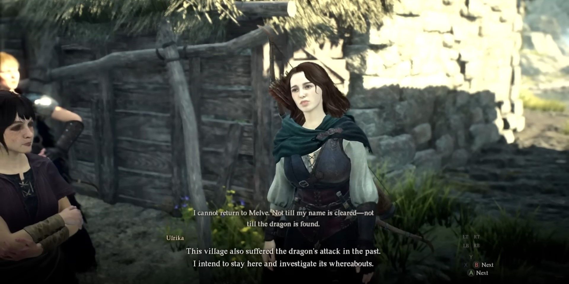 Ulrika de Dragon's Dogma 2 conversando com o Arisen em Harve Village.