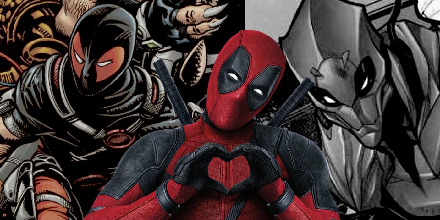 Colagem de Deadpool em traje Arma X, filme da Fox com mãos de coração e Poison Venompool