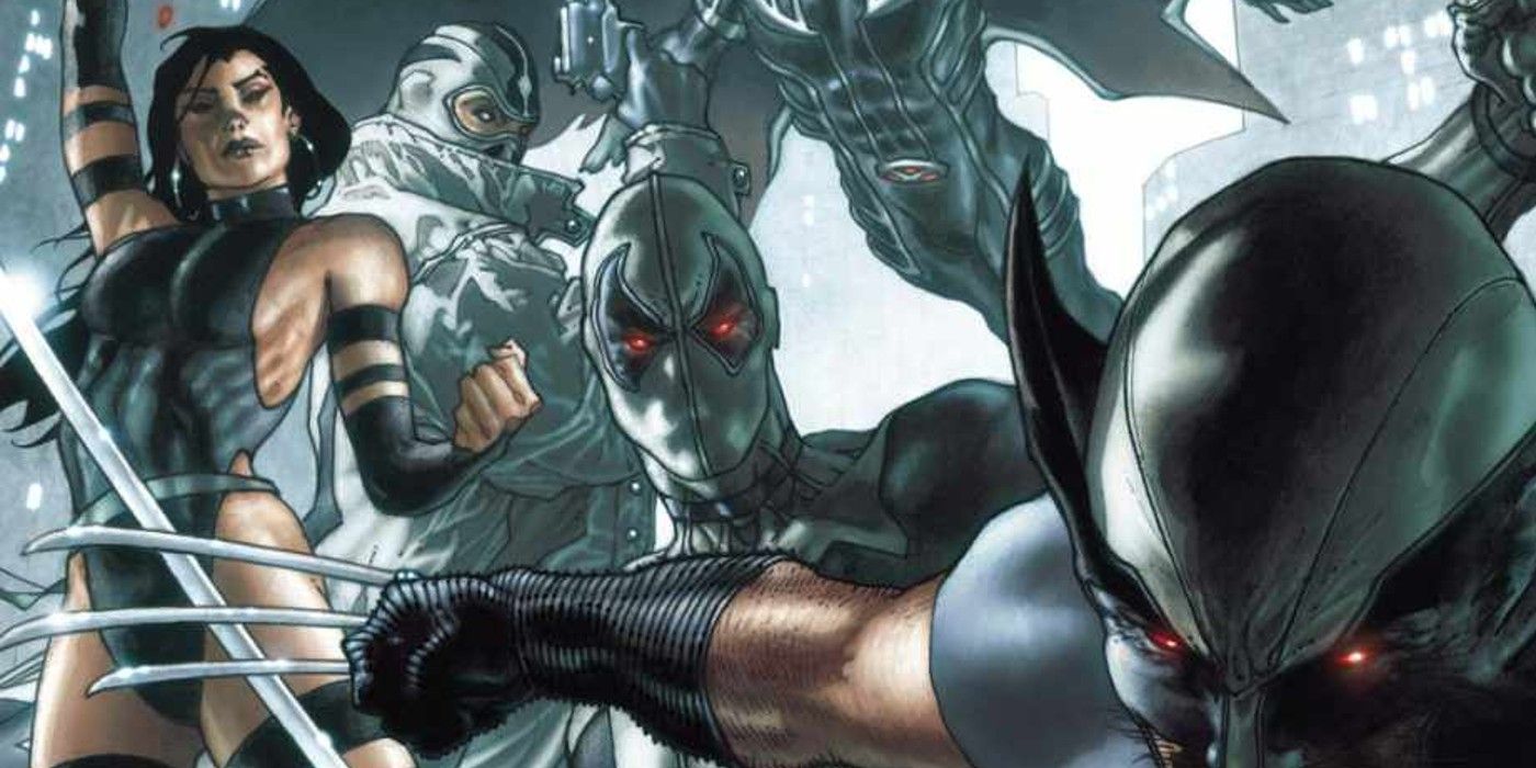 Deadpool fantasiado de X-Force na capa de Uncanny X-Men, entre Wolverine e Psylocke