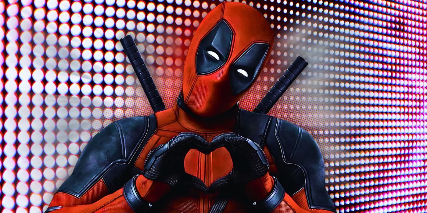 Deadpool making a heart with his hands on a pink background
