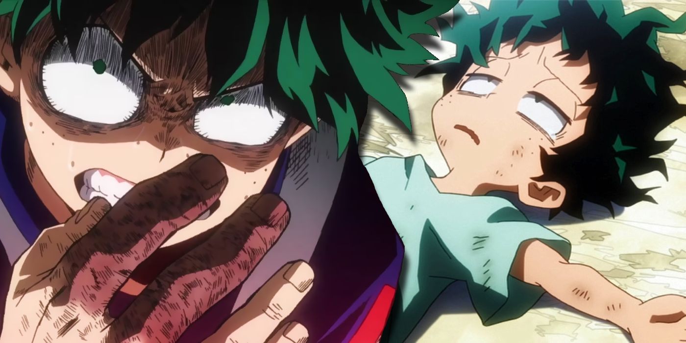 Deku looking angrily holding up his hand with two injured fingers with a young deku lyting on the ground tired behind him in my hero academia