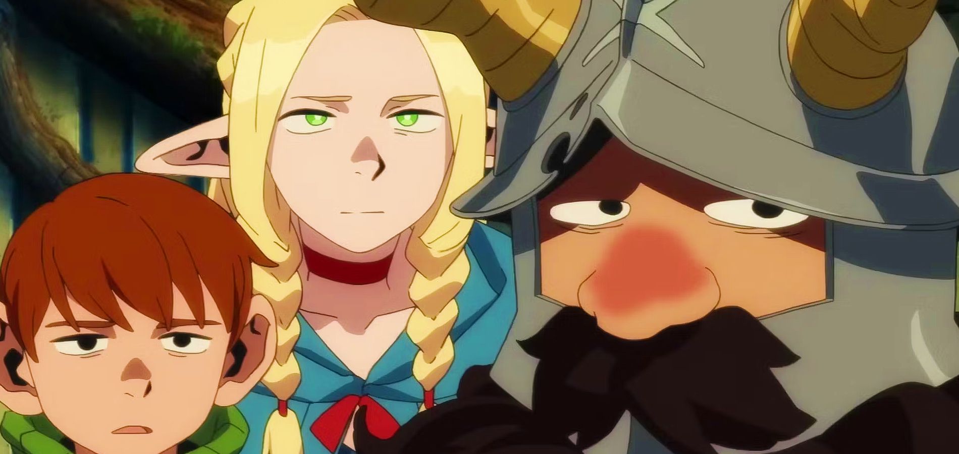 Senshi, Marcille, and Chilchuk looking suspiciously at the viewer in Delicious in Dungeon