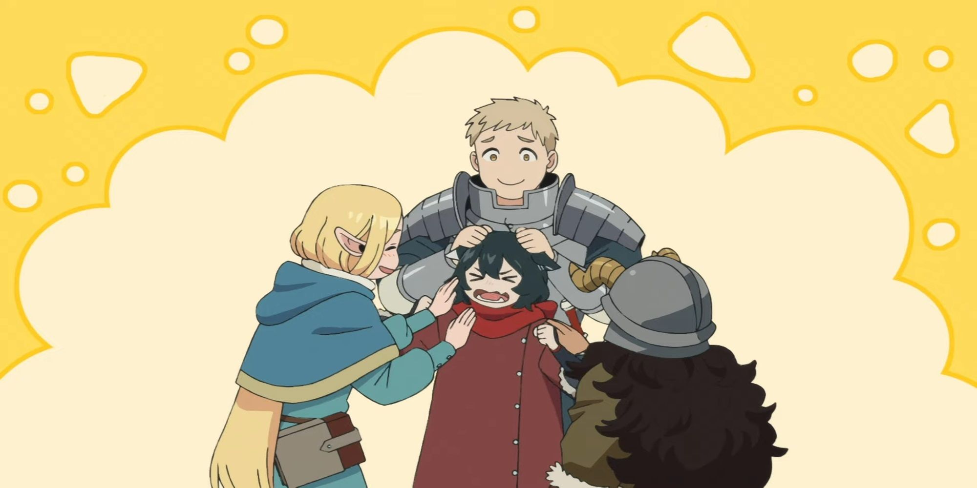 Delicious In Dungeon Trailer screencap of the Touden Party grabbing and petting  Izutsumi