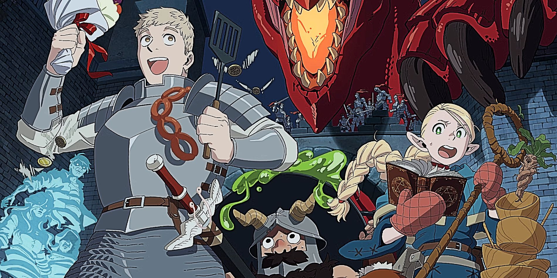 Delicious in Dungeon cast of Laios, Marcille, and Senshi running away from the dragon