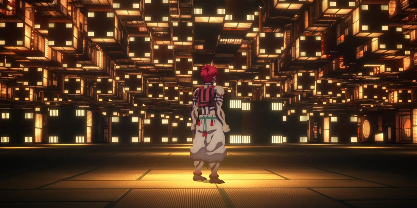 Demon Slayer's Akaza standing in a complex room in the Infinity Castle.