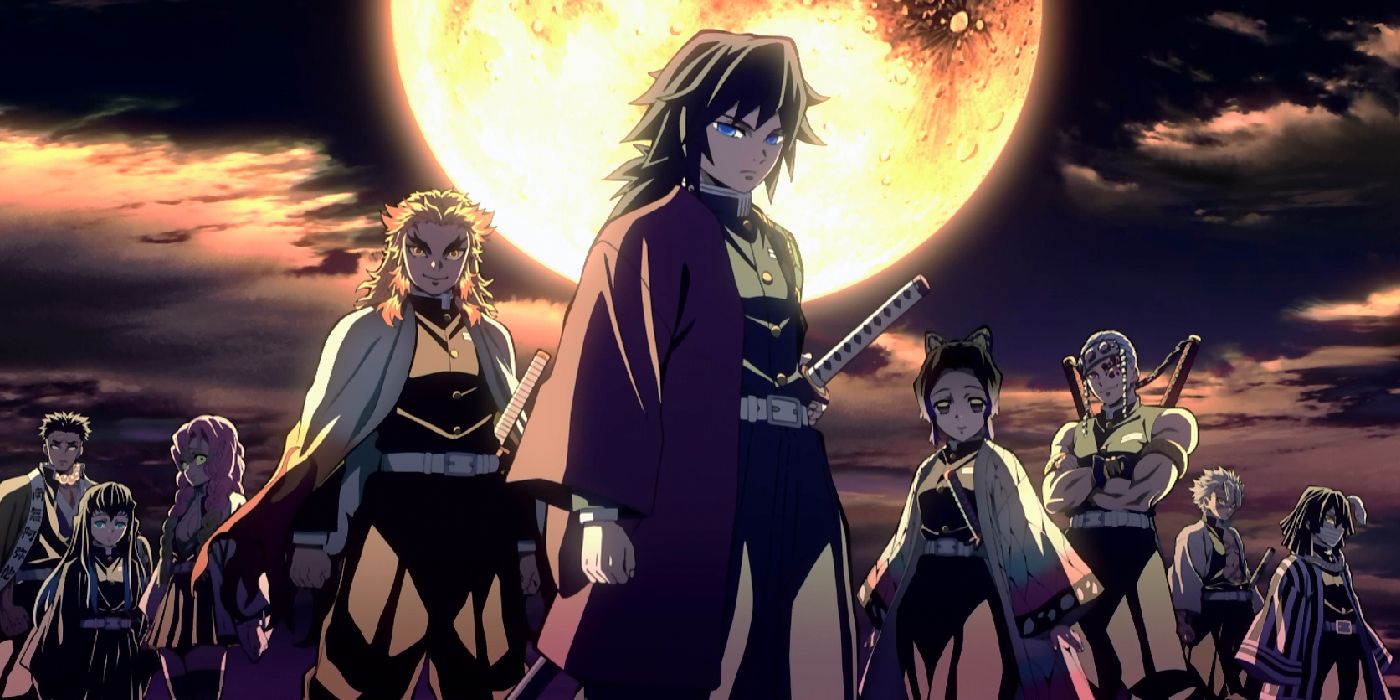 Demon Slayer's Hashira gathered together with the moon looming large behind them.