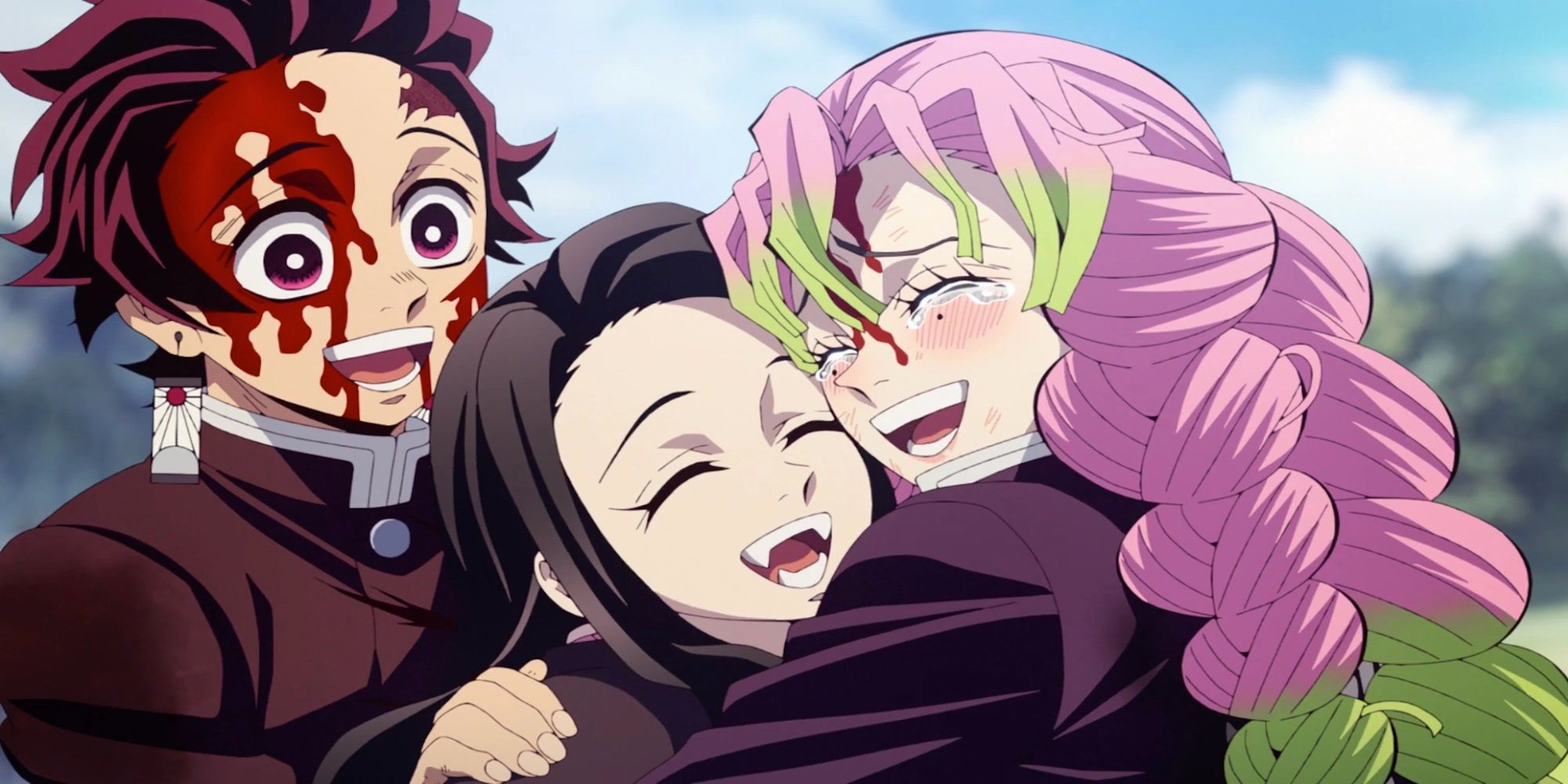 Demon Slayer Season 3 Finale screen cap of Tanjiro, Nezuko, and Mitsuri sharing an embrace.