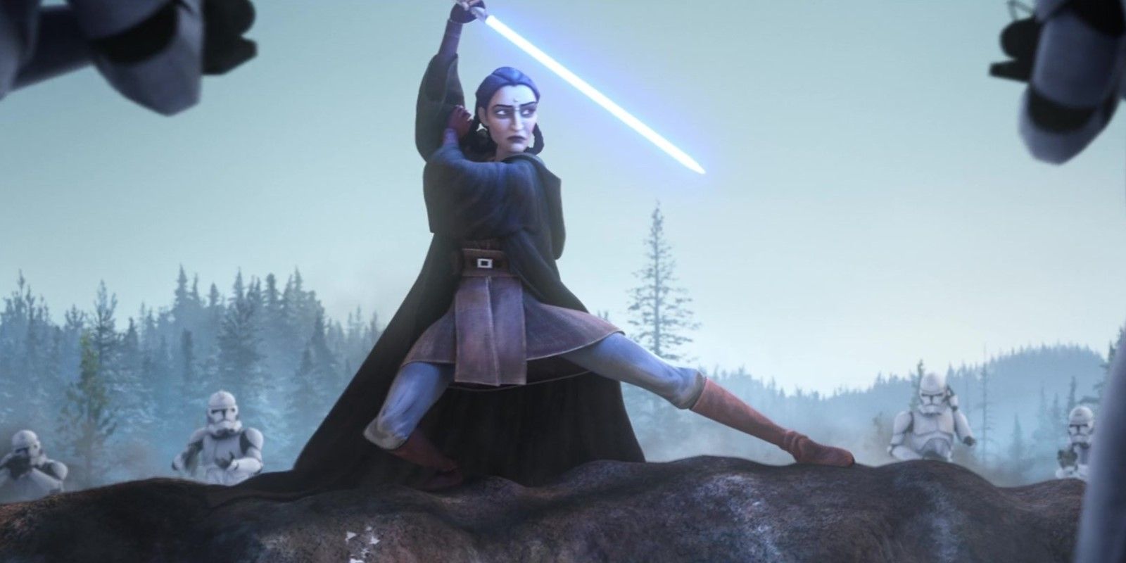 Jedi Master Depa Billaba holds up her blue lightsaber while surrounded by clones executing Order 66 in Star Wars: The Bad Batch season 1 episode 1