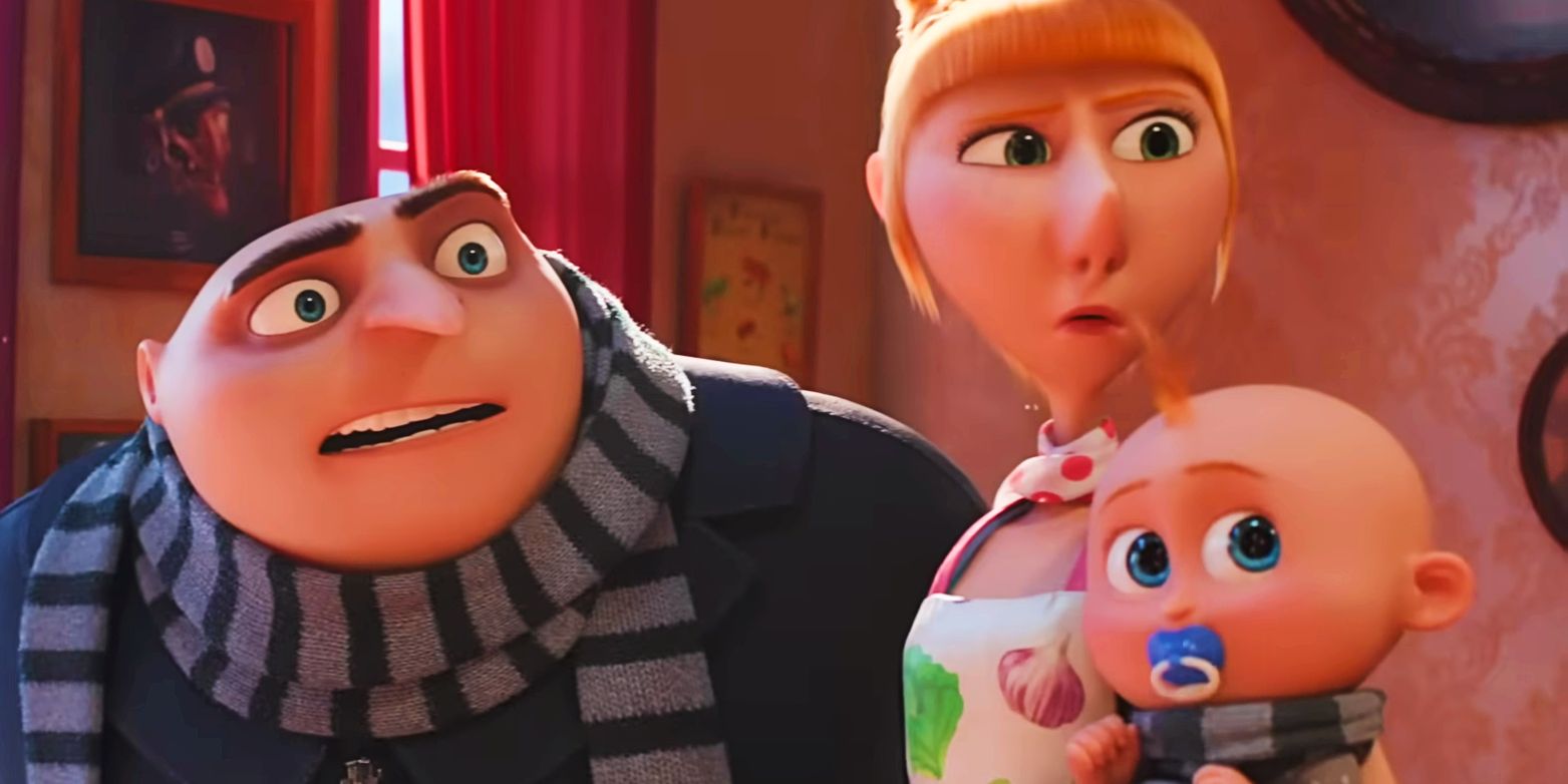 Gru, Gru Jr. and Lucy looking surprised in Despicable Me 4