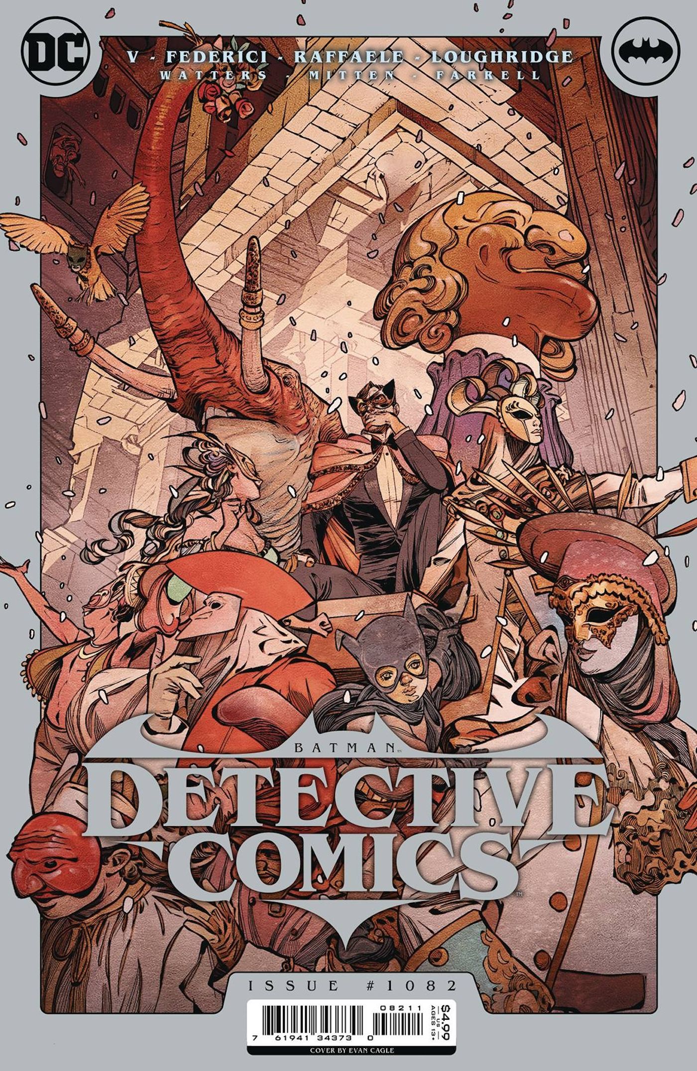 Capa principal da Detective Comics 1082: Doutor Hurt em uma multidão de personagens mascarados.