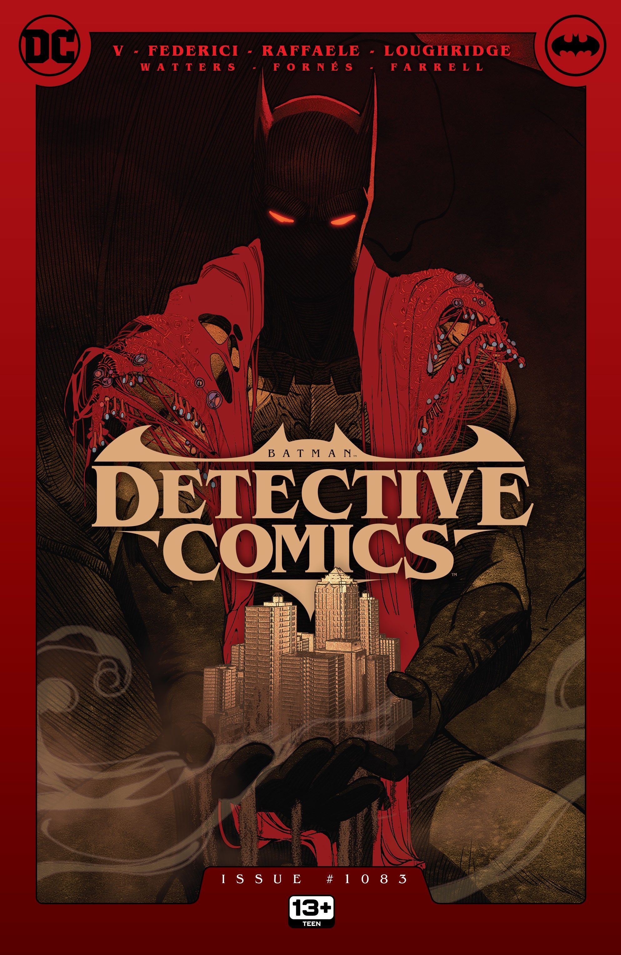 Capa principal da Detective Comics 1083: Uma versão do Batman escondido nas sombras, vestindo um xale vermelho e segurando uma cidade de areia nas mãos.