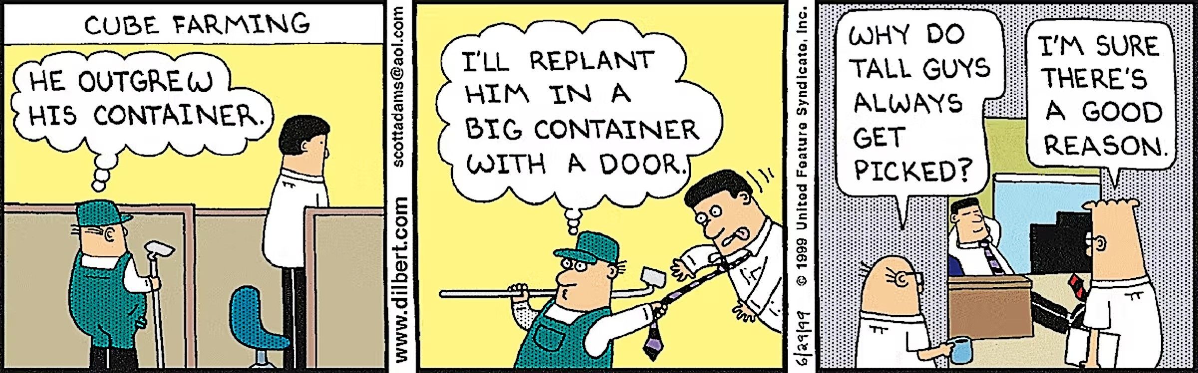 Dilbert's tall coworker gets replanted in a large cubicle
