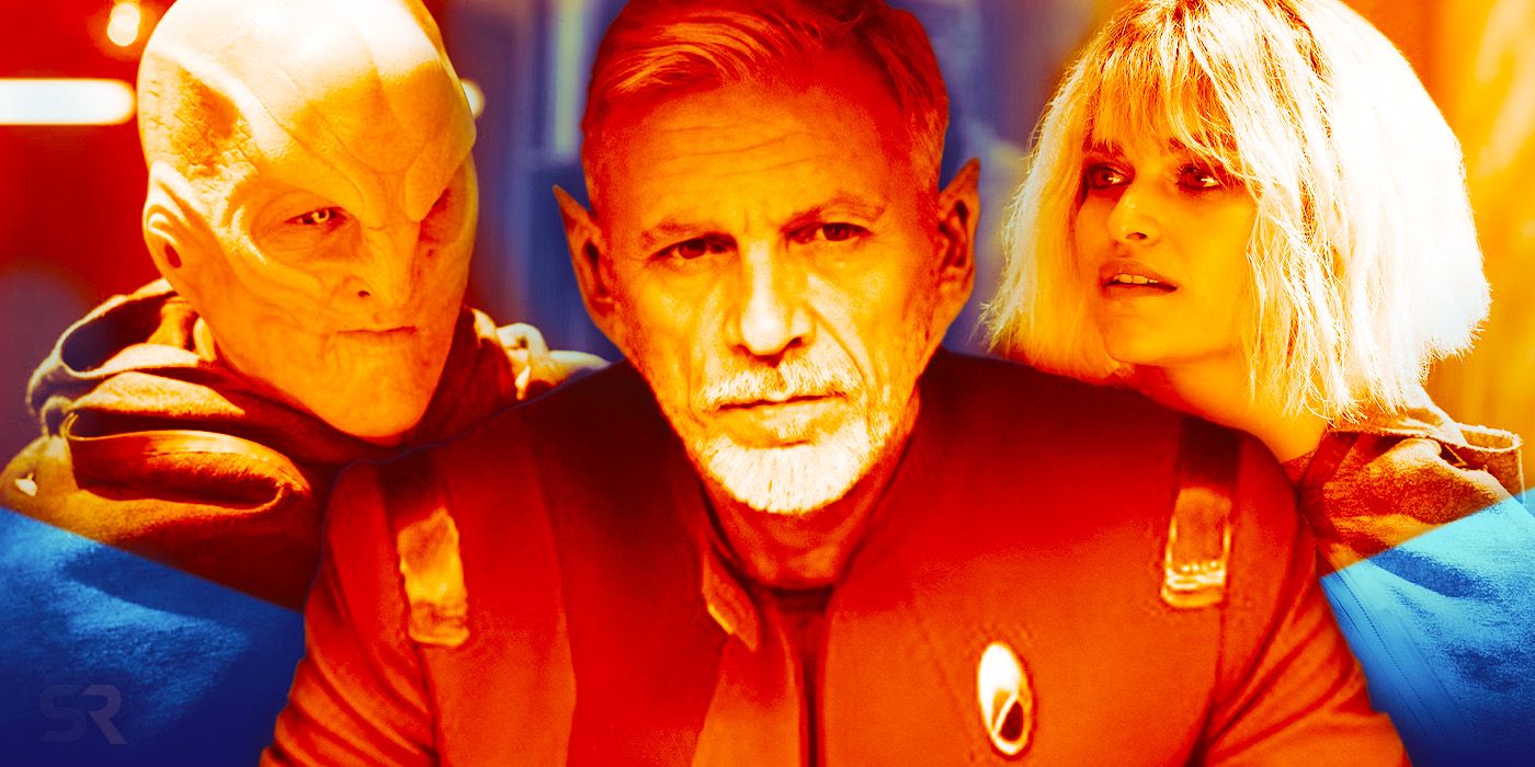 Elias Toufexis as L'ak, Callum Keith Rennie as Captain Rayner, and Eve Harlow as Moll looking intense in Star Trek: Discovery season 5.