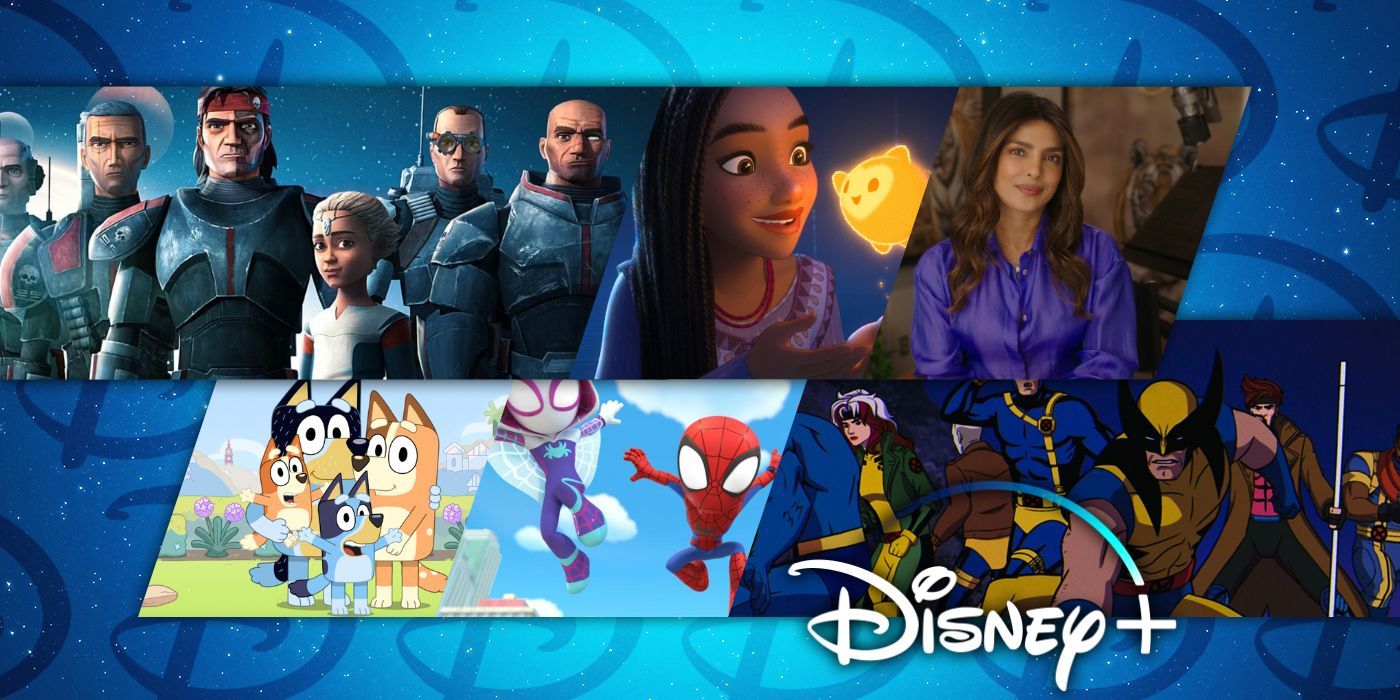 A composite image features characters from Star Wars: The Bad Batch, Wish, Tiger, Bluey, Spidey and his Amazing Friends, and X-Men '97 on Disney+