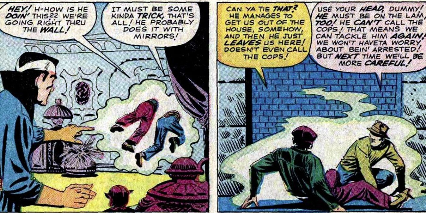 Doctor Strange phases two criminals through a wall in Marvel Comics