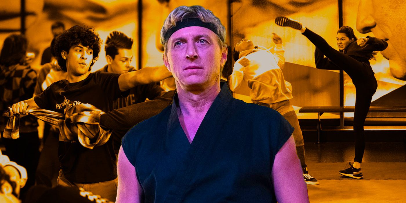 Johnny Lawrence in front of Cobra Kai characters fighting