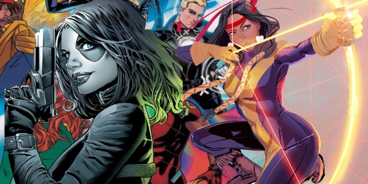 Domino (foreground) with the New Mutants, including Dani Moonstar, behind her
