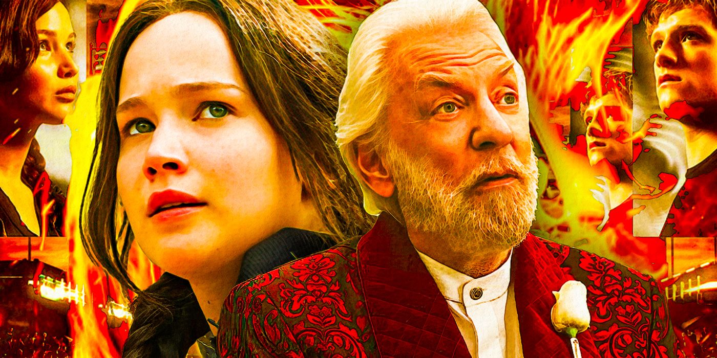 Jennifer Lawrence as Katniss Everdeen and Donald Sutherland as President Coriolanus Snow in The Hunger Games.