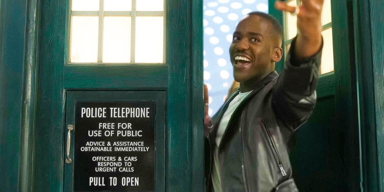 Ncuti Gatwa as the Doctor making a cheerful appearance coming out of the TARDIS  in Doctor Who season 14 trailer