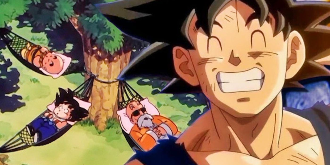 Goku, Krillin, and Master Roshi relaxing with Goku from Dragon Ball Super in the foreground.