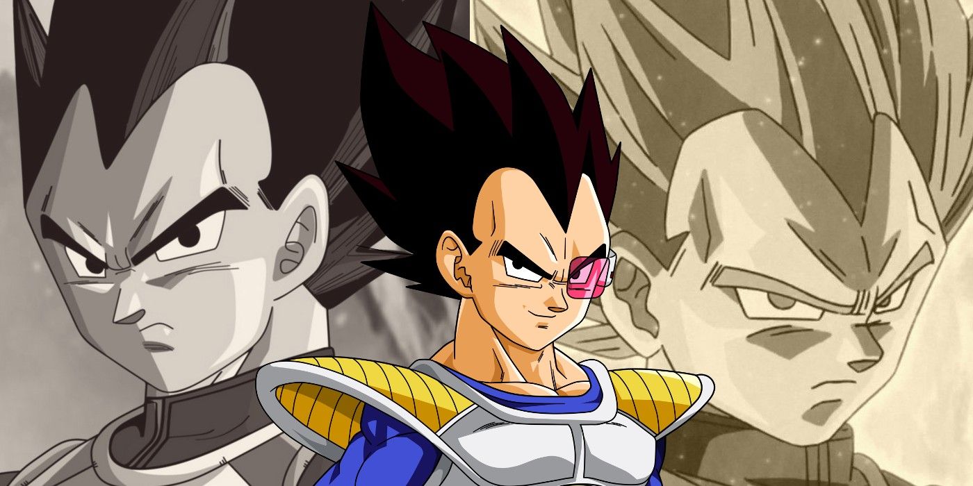 Collage of Vegeta featuring three close-ups of his face