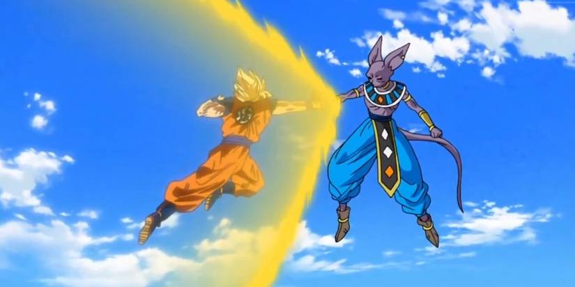 Dragon Ball Super: Beerus fights Super Saiyan Goku in the air.